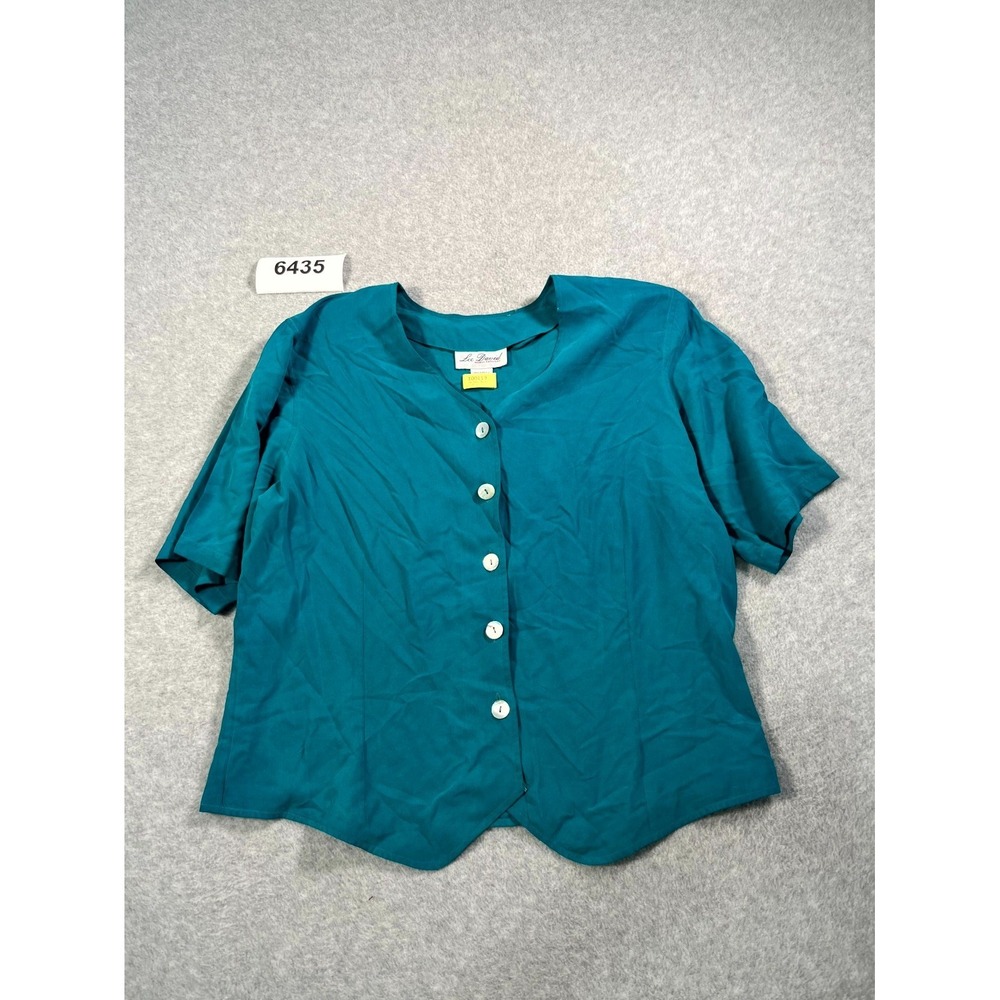 Lee David Blouse Top Womens 1X Teal Pure Silk Button Front‎ Short Sleeve Casual